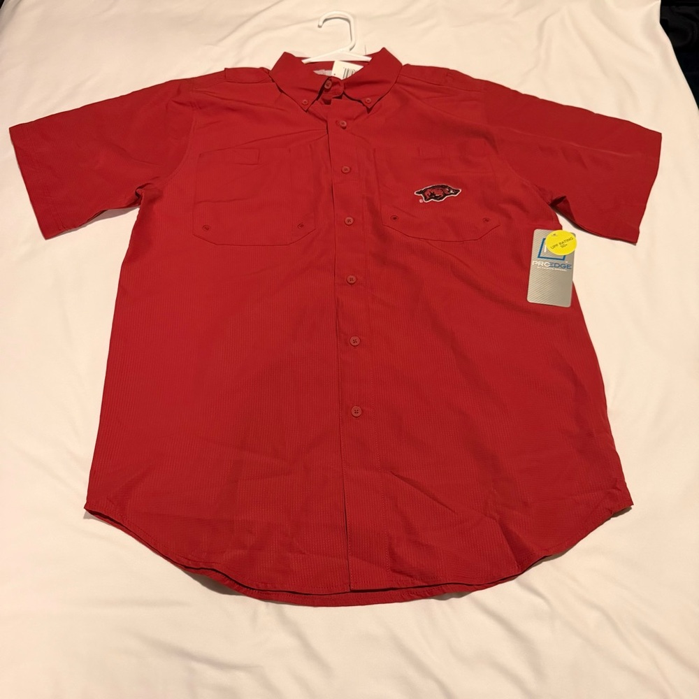 Pro Edge Red Short-Sleeve Button-Down Shirt with Embroidered Patch AR Razorbacks